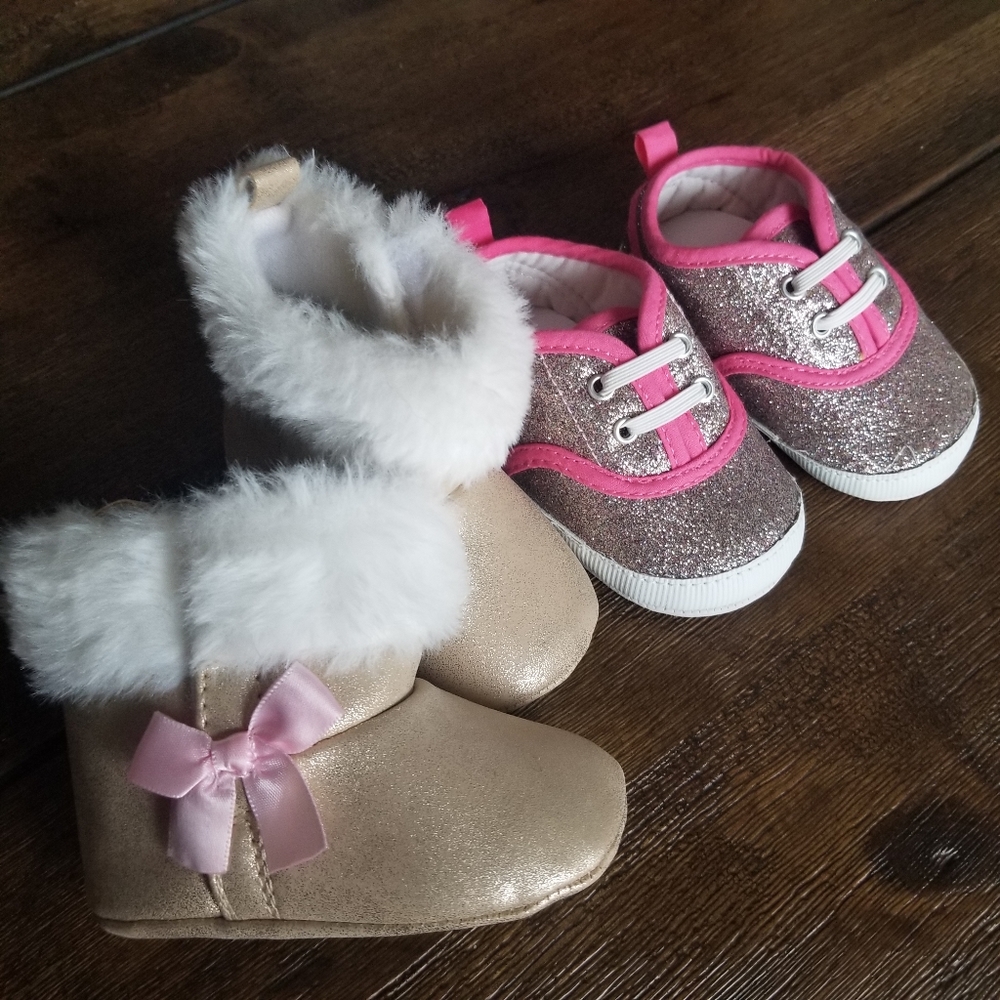 New 2 pair baby sparkle shoes and furry boots